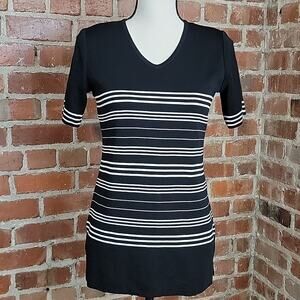 Misook Women's Black White Stripes Acrylic Knit‎ Tunic V-Neck Blouse XS